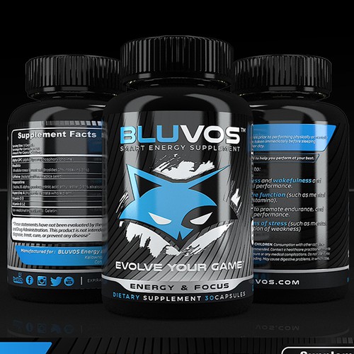 Design label with the title 'bluvos supplement label design'