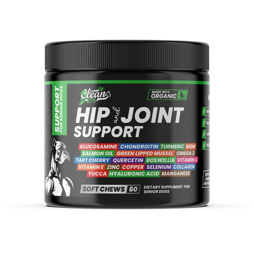 Jar packaging with the title 'Support dietary supplement for senior dogs'