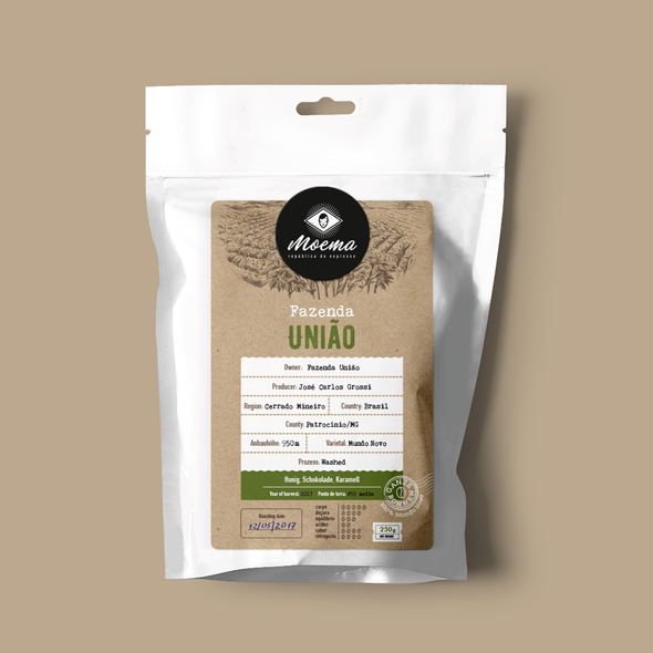 Kraft paper packaging with the title 'Packaging for Moema Specialty Coffees'