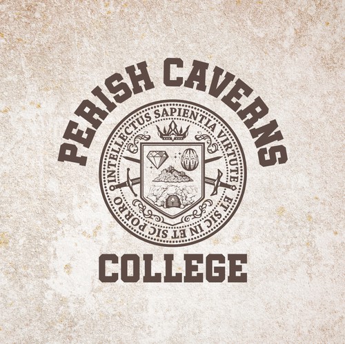 Latin design with the title 'Perish Caverns College Crest'