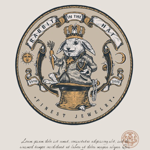 Gold jewelry logo with the title 'Rabbit in the Hat, finest jewelry'