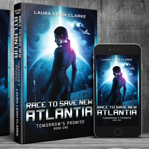 Science-fiction book cover with the title 'Race to save new Atlantia'