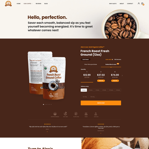 Earthy design with the title 'website for Alex's Low Acid Coffee'