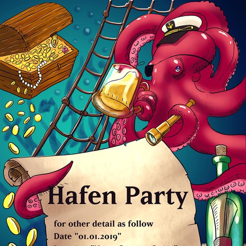 Underwater artwork with the title 'party invite!'