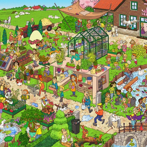 Book illustration artwork with the title 'Attention to the Seasons - A Memory-Training Children's Book Spring Illustration'