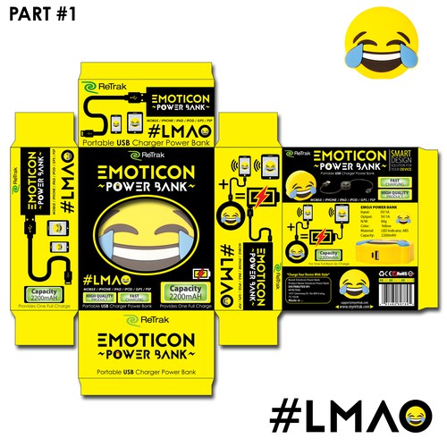 Technology packaging with the title 'Design a fun and eye catching package for Emoji power bank!'