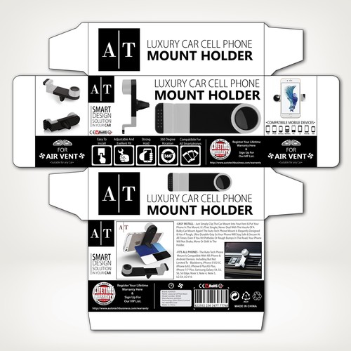 Technology packaging with the title 'Auto Tech Packaging Contest Guaranteed Winner, Small Box for Car Phone Holder.'