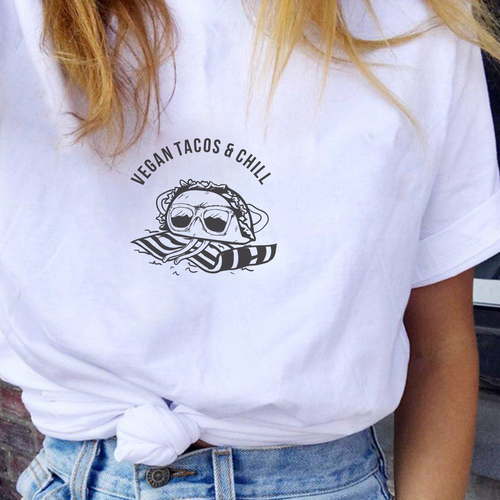 Vegetarian t-shirt with the title 'Vegan Tacos & chill'