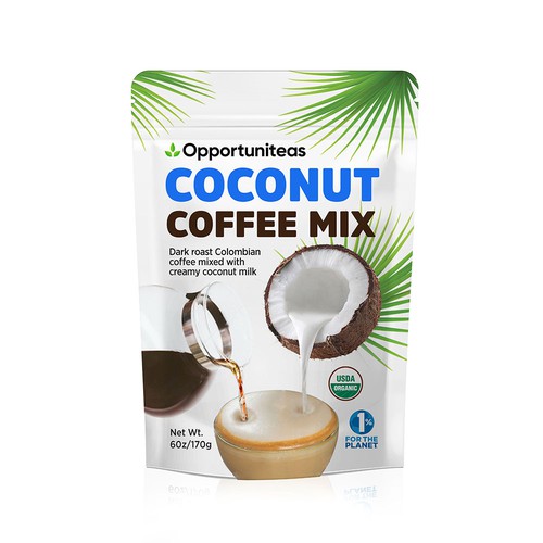 Stand-up pouch packaging with the title 'Coconut Coffe mix'