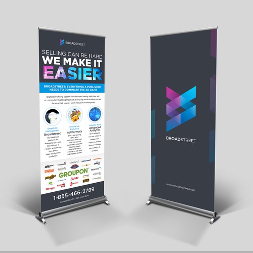 Booth design with the title '2 Posters: Pop-Up Stands for a Small Tech Company'