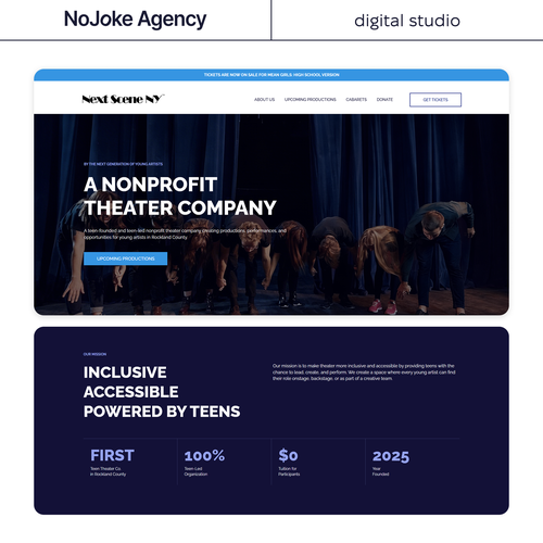 Design with the title 'NextScene NY — Non-Profit Theater Squarespace Website Design & Development | NoJoke Agency'