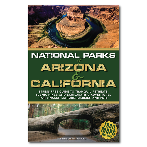 National park design with the title 'BOOK COVER FOR NATIONAL PARKS OF ARIZONA & CALIFORNIA'