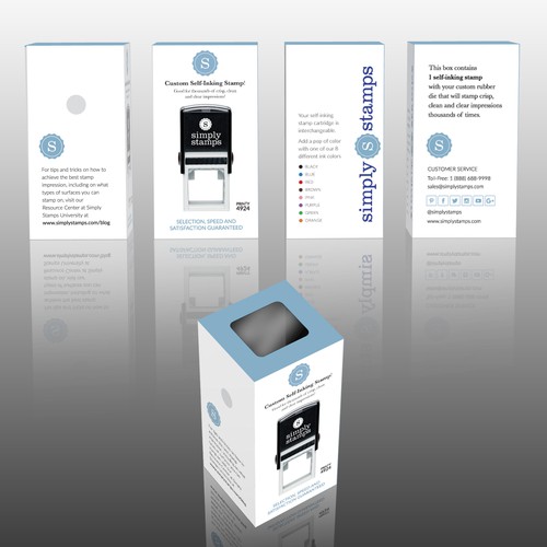 Blue packaging with the title 'Box for personalized  stamps'