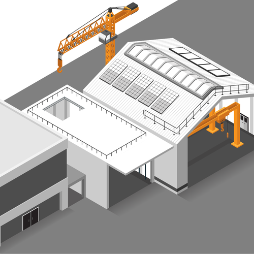 Construction illustration with the title 'Industrial Buildings'