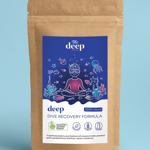 Diving design with the title 'Product label with underwater illustration'