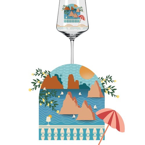 Label artwork with the title 'Mediterranean Glassware Illustration – Inspired by Capri'