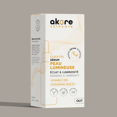 Serum packaging with the title 'AKORE SKINCARE - Design a serum case box that fits into a premium IN & OUT skincare system'