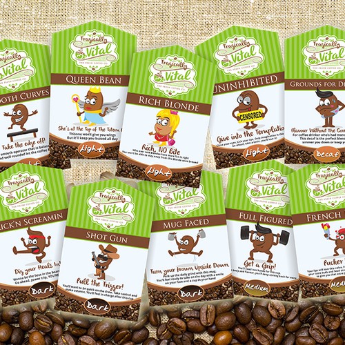 Character label with the title 'Tragically Vital Coffee Character Set Design'