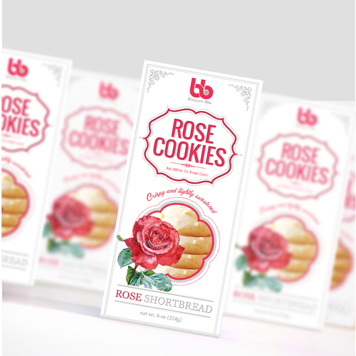 Cookie packaging with the title 'Rose cookies, packaging design'