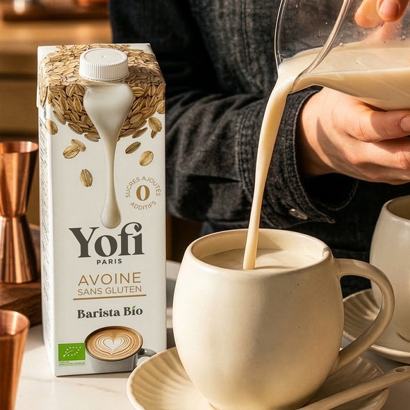 Vegan design with the title 'Yofi Paris – Plant-Based Milk Range Expansion & Packaging Redesign'