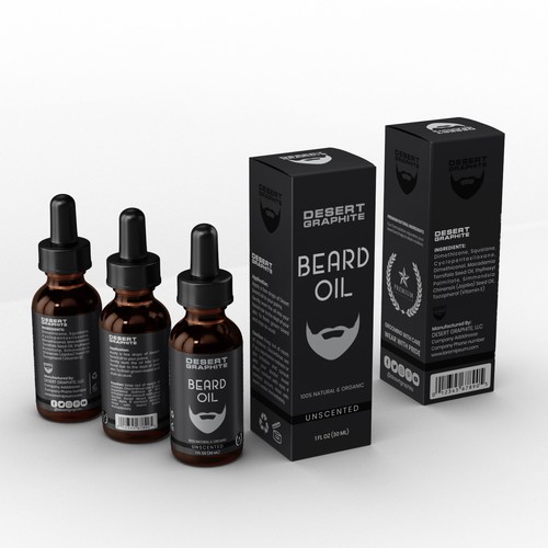 Masculine packaging with the title 'Package Box and Dropper bottles label design'