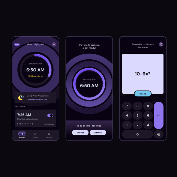 IOS design with the title 'Smarter Alarms, Better Sleep App design'