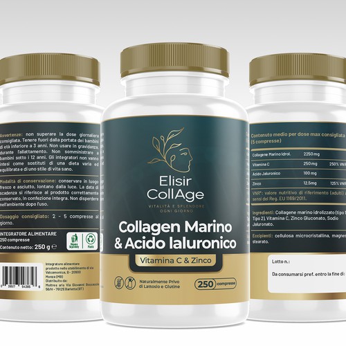 Pharmaceutical packaging with the title 'Collagen supplement label'
