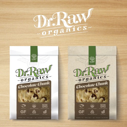 Artisanal packaging with the title 'Dr. Raw Organic Cannabis Edible Package'