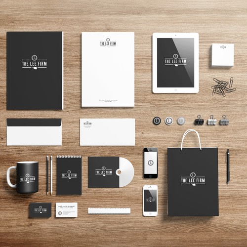 Black and white brand with the title 'The Lee Firm - Logo and Brand Id'