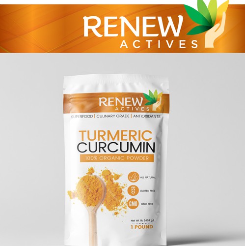 Stand-up pouch packaging with the title 'Packaging design for Turmeric powder'