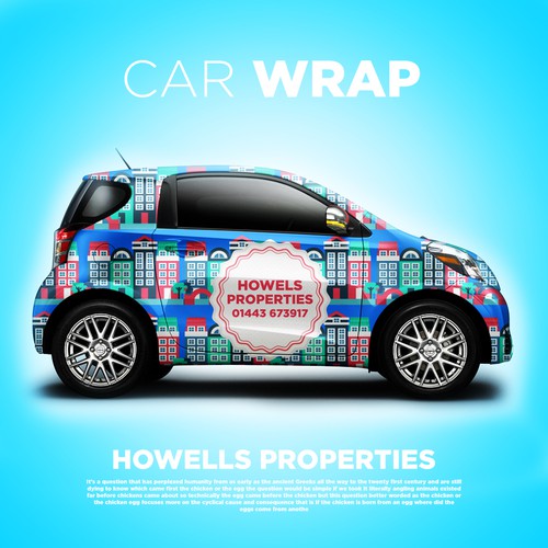 Vehicle graphic design with the title 'Vibrant Cityscape Car Wrap Design for Howells Properties'