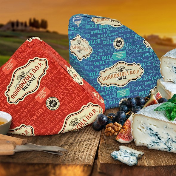 Cheese packaging with the title 'Patterned packaging for Netherlands gorgonzola cheese.'