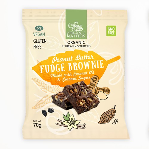 Cool packaging with the title 'Orgaic vegan fudge brownie'
