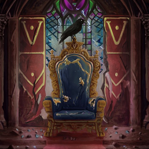 Card game design with the title 'Oil or Watercolor illustration of a dual throne room | History is written by the "Victor"'