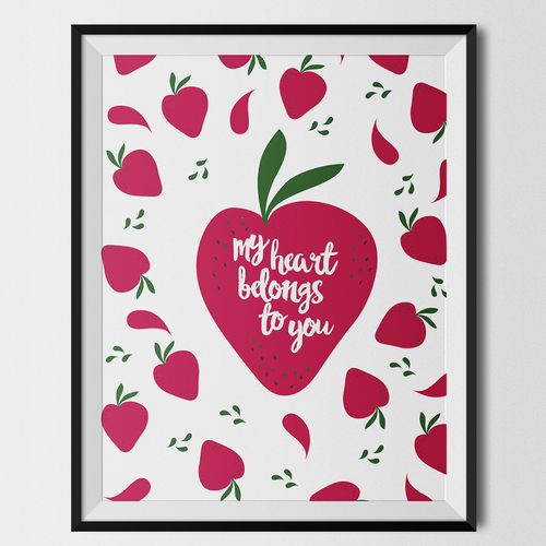 Strawberry design with the title 'poster design for an e-comerce'