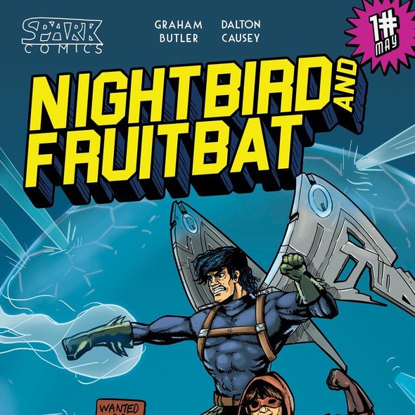 Comic book artwork with the title 'Night Bird & Fruit Bat'