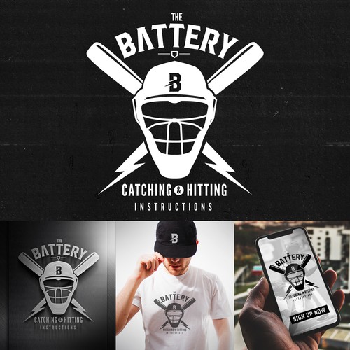 Baseball bat logo with the title 'The Battery : Catching and Hitting Instructions Logo/Icon Design'