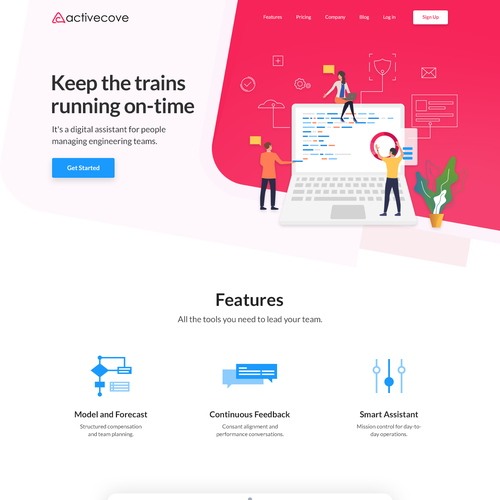 Blue website with the title 'Redesign activecove.com, a better world for people managers'