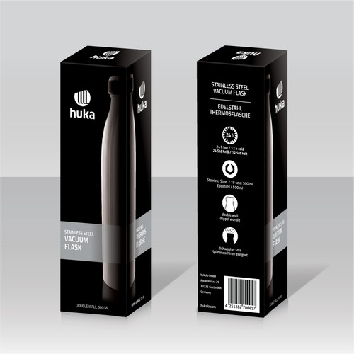 Water bottle design with the title 'Package design for Huka thermos flask'
