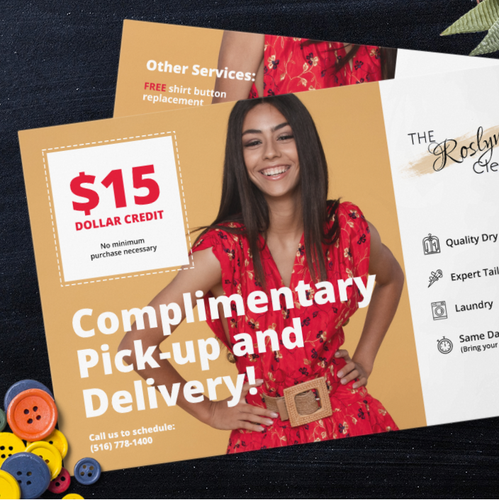Coupon design with the title 'A promo postcard for ''The Roslyn Cleaners'''