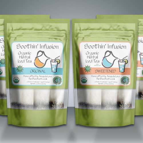 Pouch label with the title 'Soothin Infusion Organic Iced Tea'
