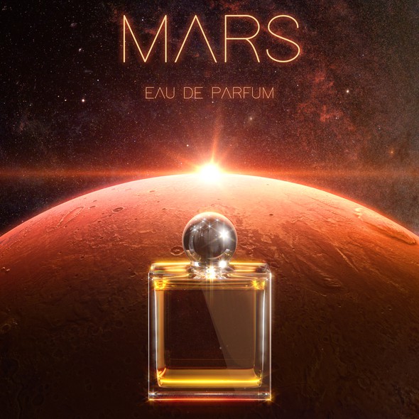 Mars design with the title 'Perfume bottle with Mars in the background.'