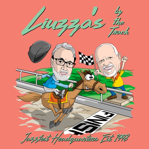 Caricature artwork with the title 'Liuzza's by the Track contest of 2 former owners' caricatures.'