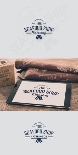 Seafood design with the title 'Create a refined version of our fish market logo but for catering co.Something vintage, simple with nautical theme'