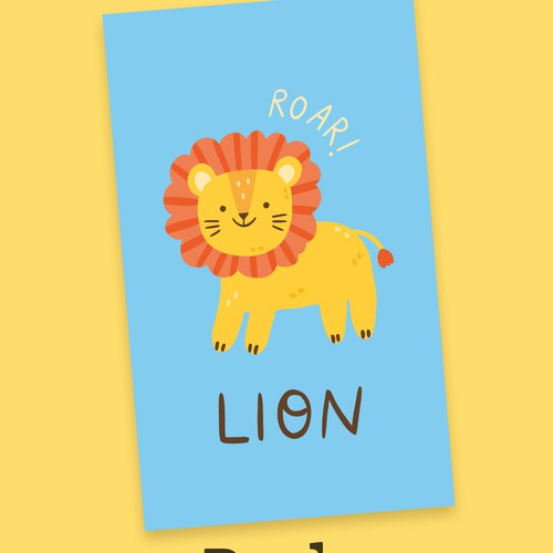 Lion illustration with the title 'Animal Flash card Design'