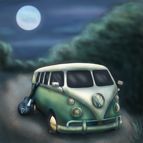 Guitar artwork with the title 'Murder Mystery Book Cover Illustration'