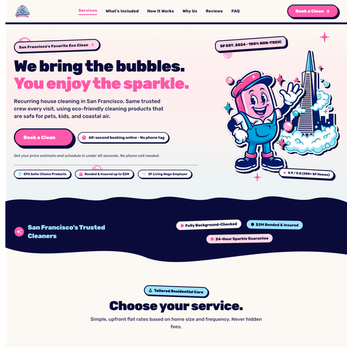 Website with the title 'Whimsical & Retro One-Page Website for Soap & Soda House Cleaning Co.'
