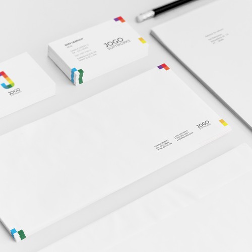 Envelope design with the title 'Brand Identity Jogo Softworks'