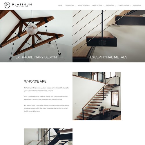 Interior design website with the title 'Platinum Metalworks Website Redesign'