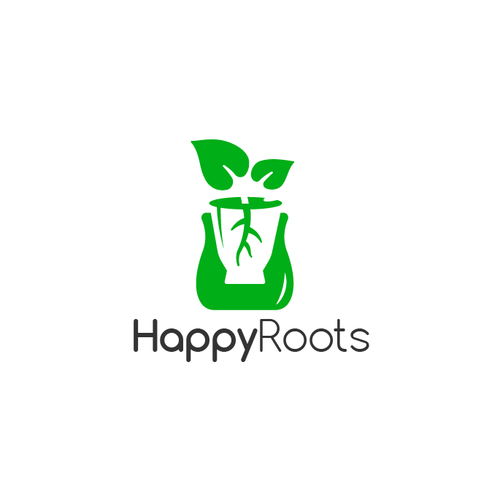 Glass logo with the title 'Happy Roots'